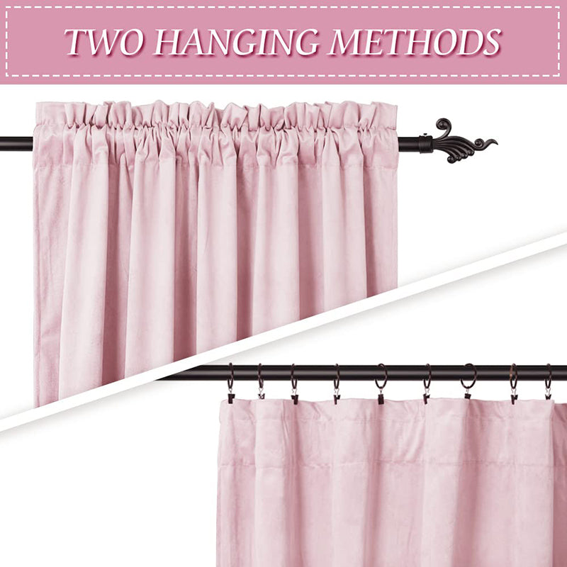 Pink velvet curtains demonstrating two hanging styles: rod pocket gathered and flat panel with rings and clips on a black rod.