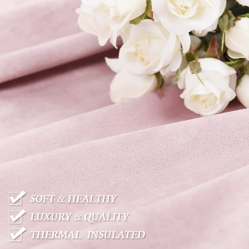 Close-up of plush pink velvet blackout curtain fabric. Highlighted features: Soft & Healthy, Luxury & Quality, Thermal Insulated. White roses.