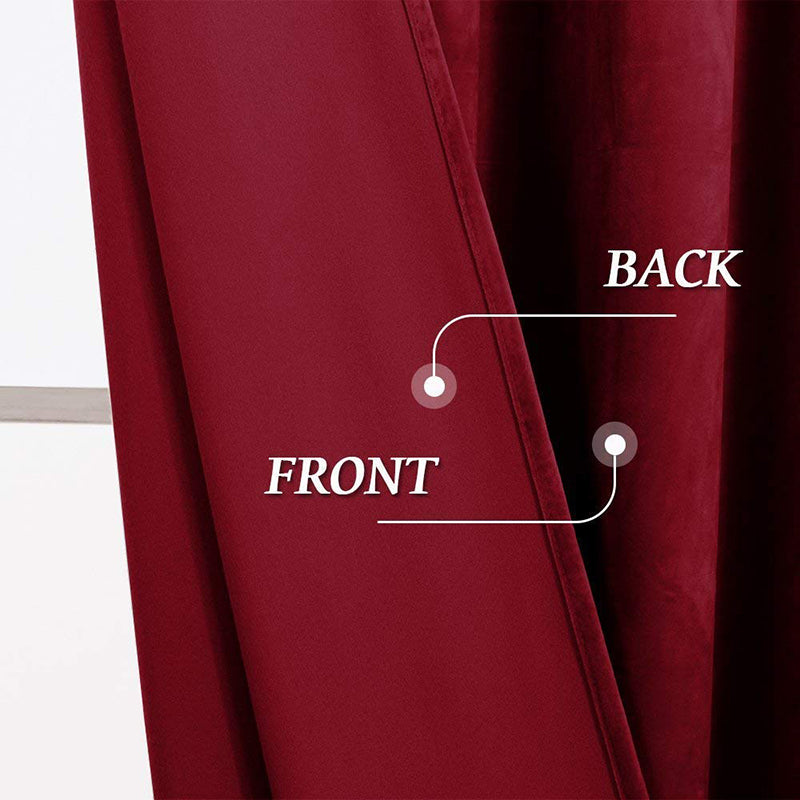 Close-up of luxurious deep red velvet curtain fabric, highlighting the dense front and back for blackout and noise reduction.