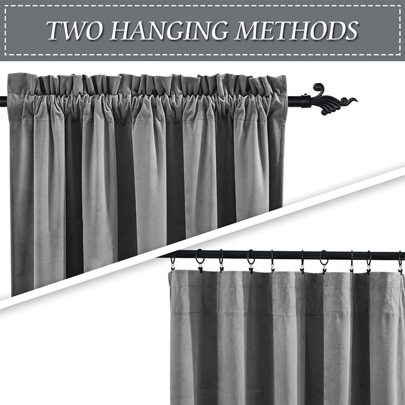 Gray velvet blackout curtains: rod pocket and clip ring hanging options for luxury living room & bedroom decor.