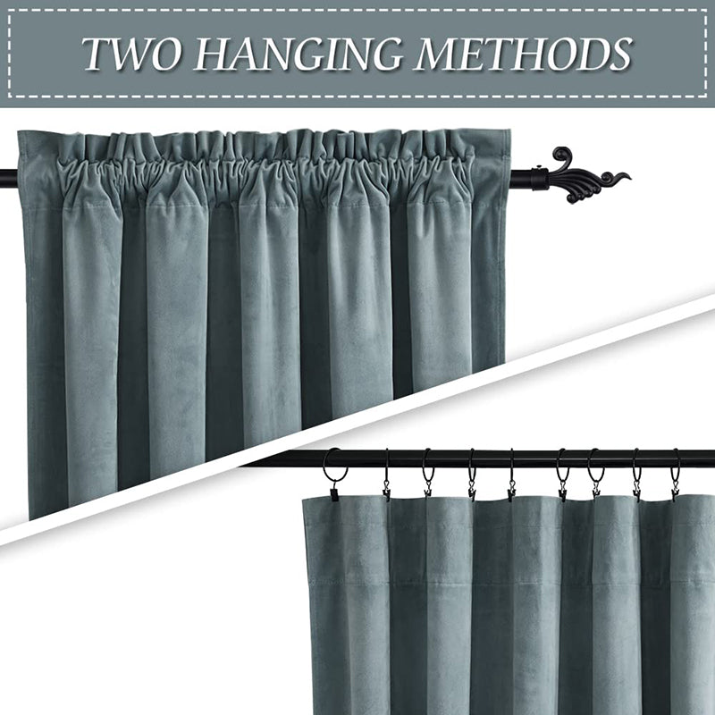 Teal luxury noise reducing blackout velvet curtains showcasing two hanging methods: rod pocket & clip rings.