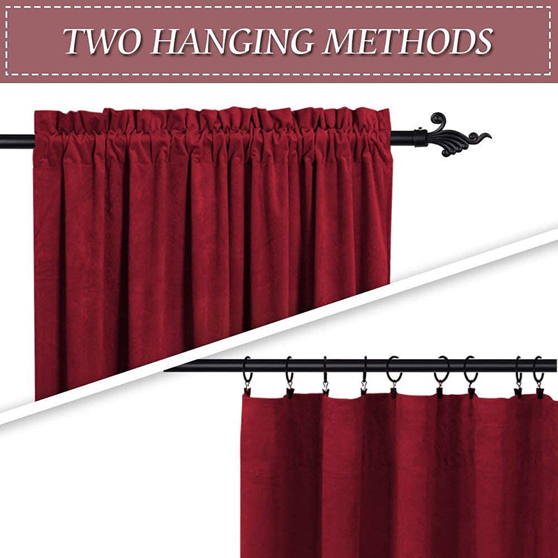 Two versatile hanging methods for luxurious deep red velvet blackout curtains: classic rod pocket and modern clip ring styles.