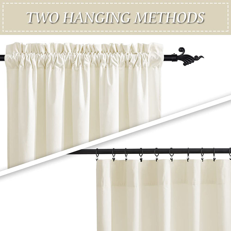 Cream velvet curtains showcasing two hanging options: rod pocket style on a decorative rod or flat top with clip rings.
