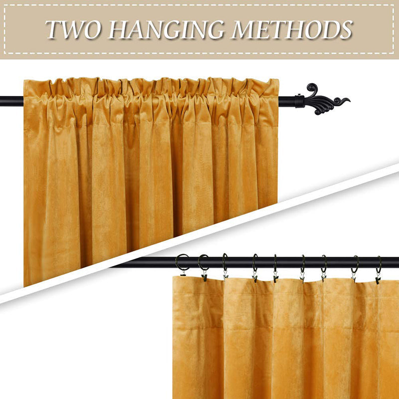 Two hanging methods for gold velvet curtains: gathered rod pocket and elegant clip rings on a black rod.