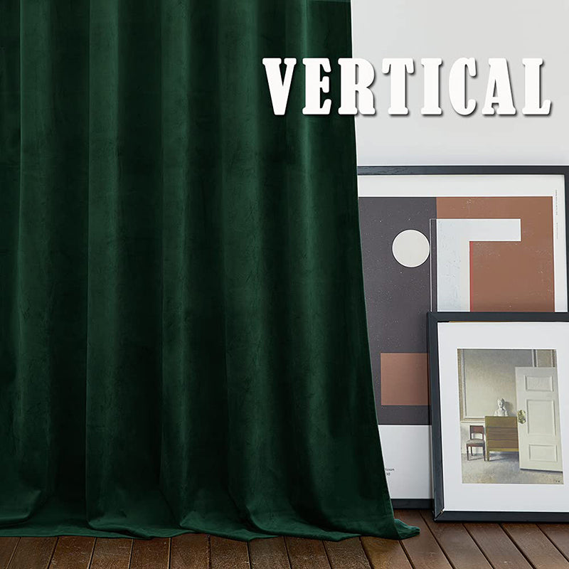 Luxury dark green velvet rod pocket curtains hanging full length, perfect for noise reducing blackout in living room or bedroom.