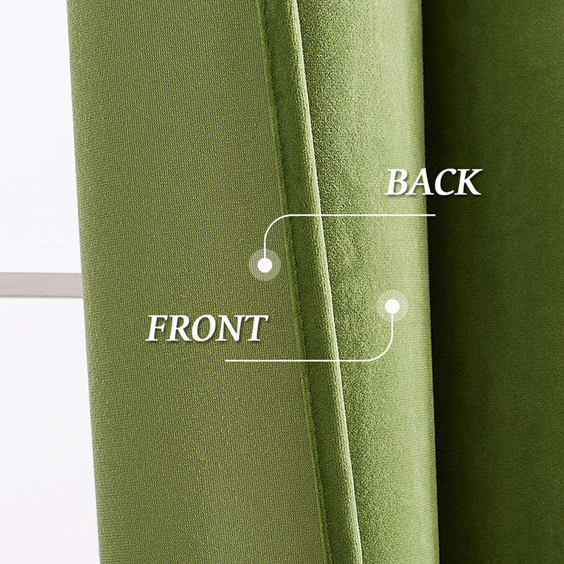 Green velvet blackout curtain showing soft front texture and dense, noise-reducing back. Ideal for luxury living room & bedroom privacy.
