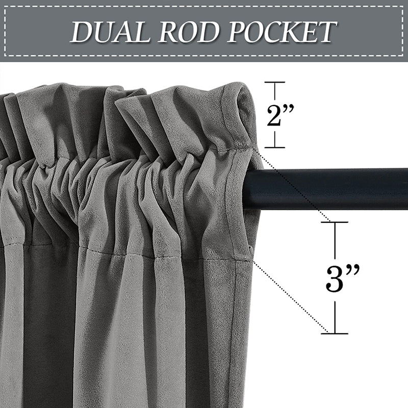 Grey velvet curtain with dual rod pocket; close-up shows 2-inch header and 3-inch rod pocket detail for living room & bedroom.