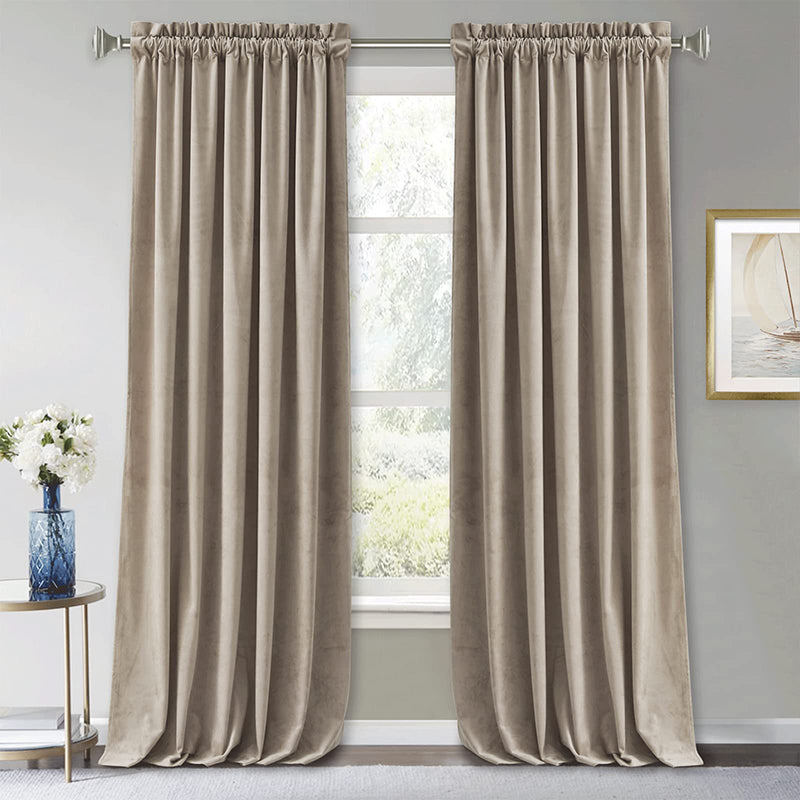 Luxury light beige velvet rod pocket blackout curtains (2 panels) for living room & bedroom. Noise reducing, elegant drape.