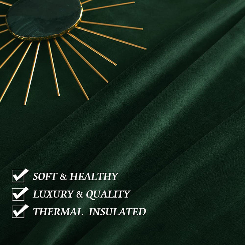 Luxurious emerald green velvet blackout curtains, soft texture, quality, thermal insulation, and noise reducing.