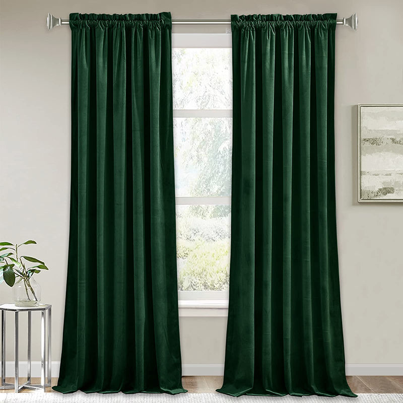 Rich emerald green velvet rod pocket curtains (2 panels), luxurious and noise reducing blackout drapes for living room or bedroom.