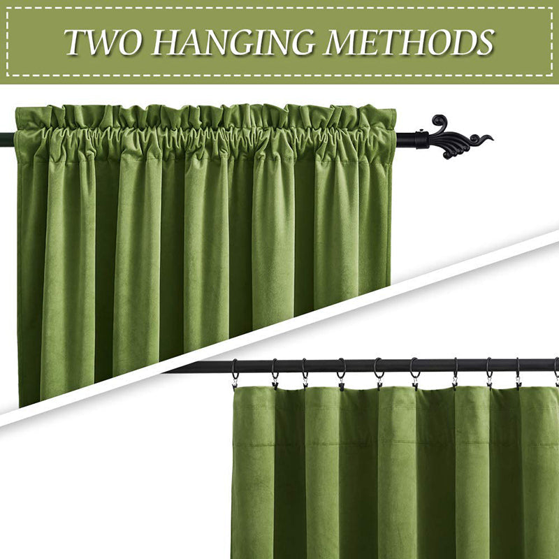 Versatile green velvet blackout curtains showing two hanging options: a gathered rod pocket style and flat with clip rings on a rod.