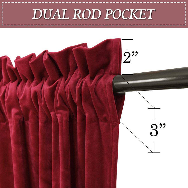 Close-up of luxurious red velvet dual rod pocket curtains, highlighting the 2-inch and 3-inch pocket measurements on a curtain rod.