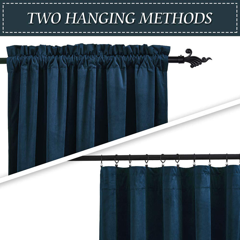 Two hanging methods for navy velvet blackout curtains: traditional rod pocket with gathers and modern clip ring style for luxury.