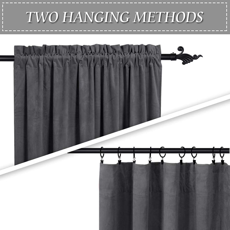 Dark grey velvet curtains featuring rod pocket and clip ring hanging methods. Ideal for noise reducing blackout luxury curtains.