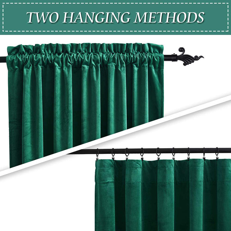 Emerald green velvet curtains displaying two hanging options: a gathered rod pocket style and a sleek clip-ring method.