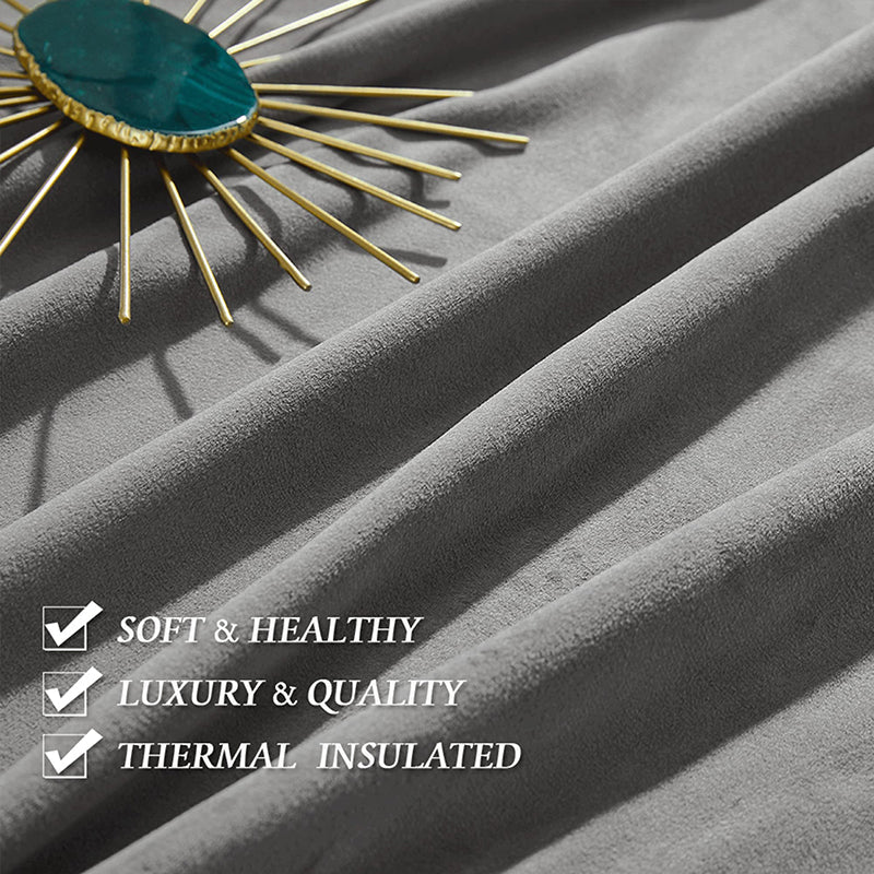 Plush grey velvet blackout curtains, soft, luxurious, thermal insulated, and noise reducing for bedrooms.