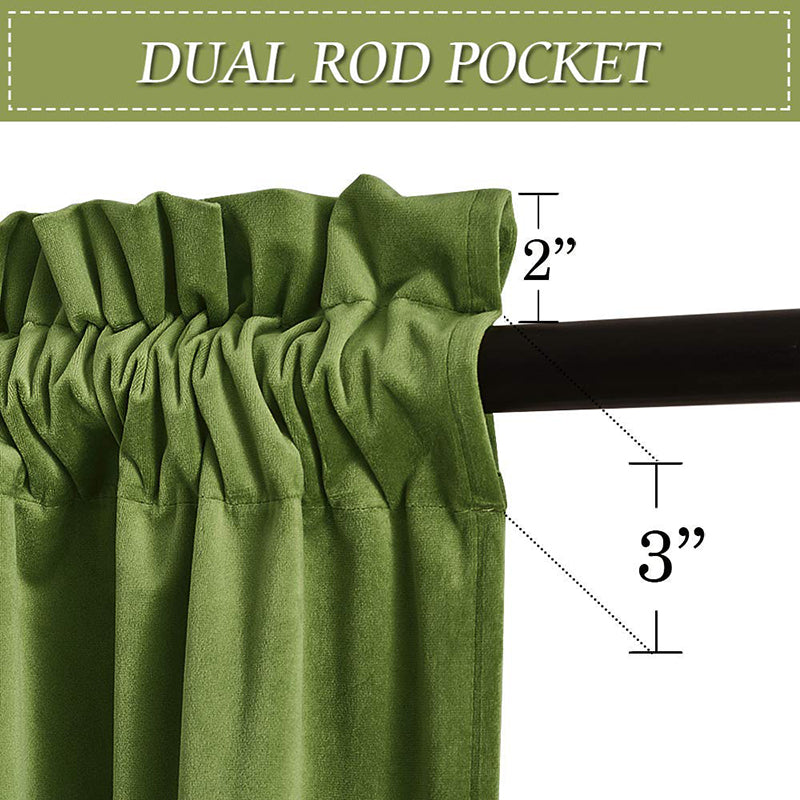 Detail of a lush green velvet blackout curtain's dual rod pocket, showing a 2-inch pocket and a 3-inch decorative ruffle.