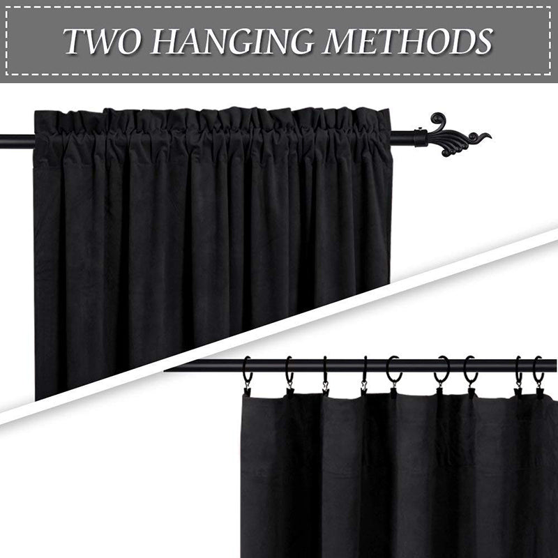 Rod pocket and clip ring hanging options for luxury black velvet noise reducing blackout curtains.