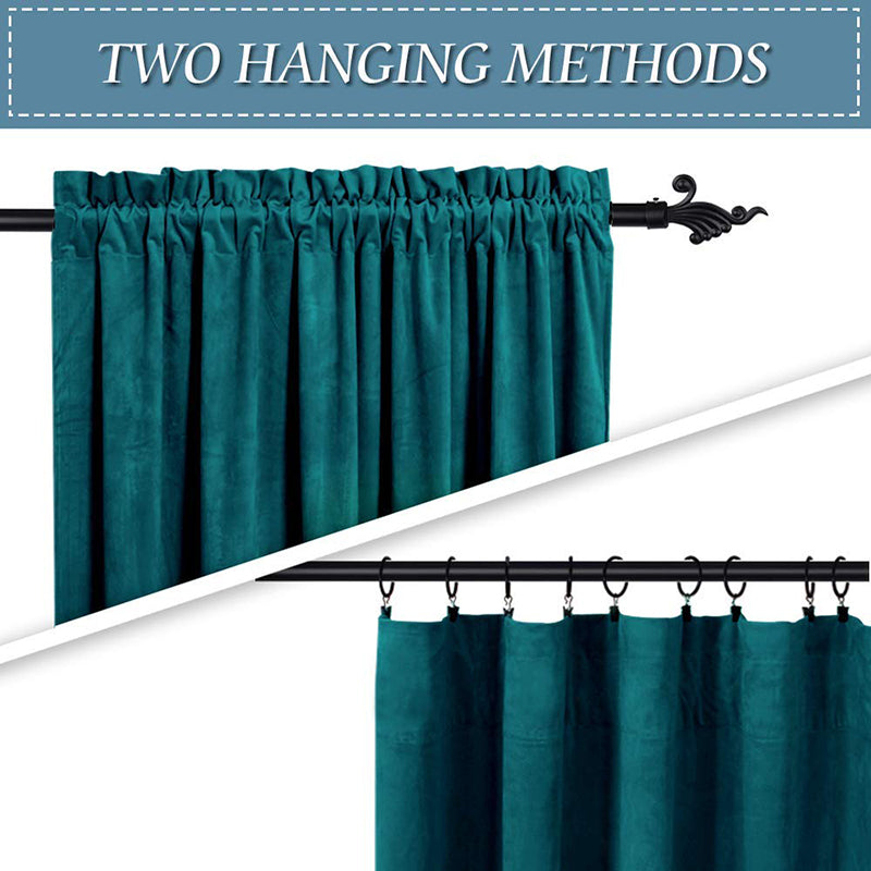 Teal velvet rod pocket curtains displaying two hanging methods: directly on a rod and with clip rings for versatile use.