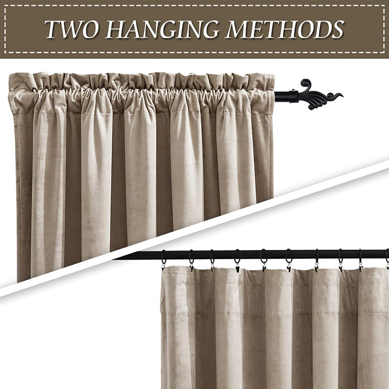 Beige velvet curtains shown with two hanging methods: gathered rod pocket and flat panel with clip rings on a curtain rod.
