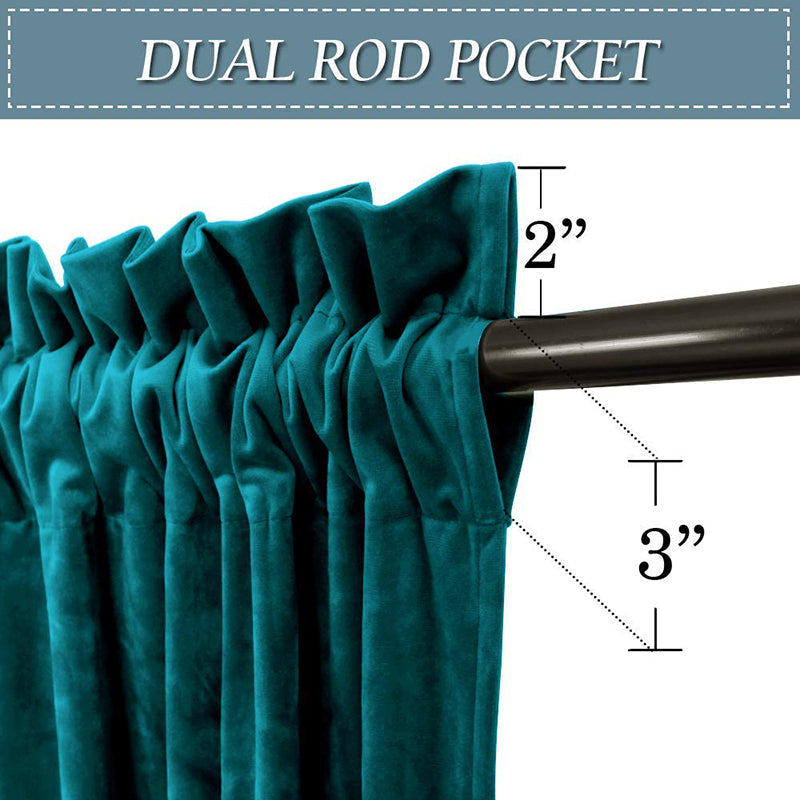 Detail of teal velvet dual rod pocket blackout curtain, showcasing 2-inch ruffle and 3-inch pocket design for luxury living room or bedroom.