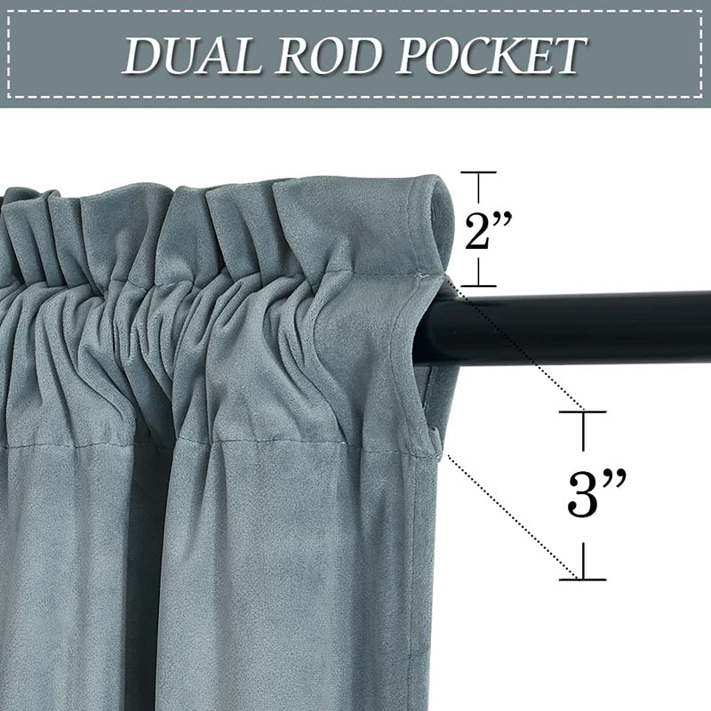 Close-up of a slate velvet curtain's dual rod pocket header, showing 2" top pocket and 3" bottom pocket for versatile hanging.