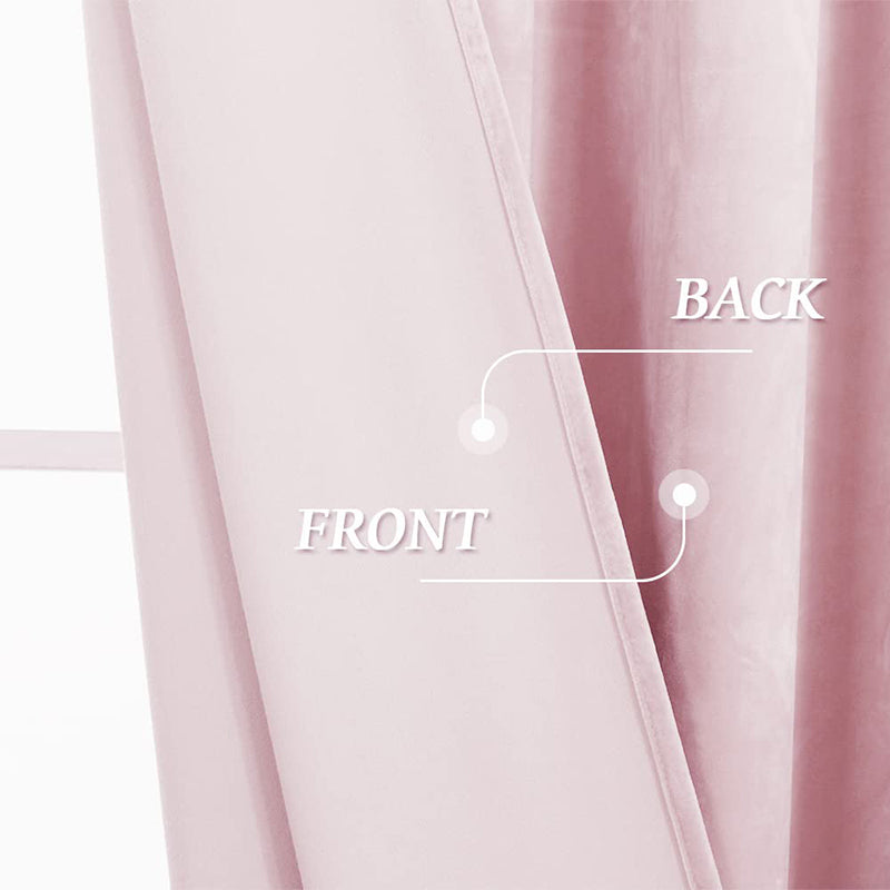 Detailed view of pink velvet noise reducing blackout curtain fabric, showcasing the plush front and back layers for luxury living room & bedroom.