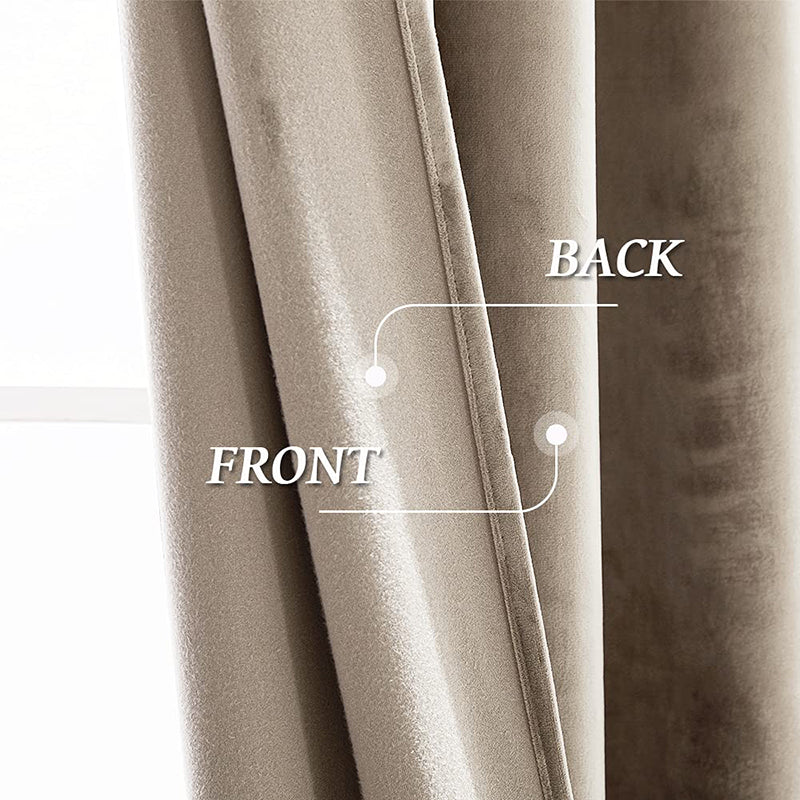 Beige velvet blackout curtains close-up, showcasing luxurious front and thick noise-reducing back fabric for living rooms.