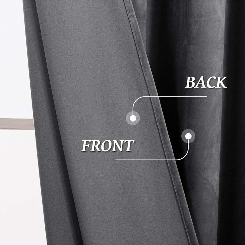 Close-up of luxury grey velvet blackout curtain, showing its plush front fabric and thick noise-reducing back lining.
