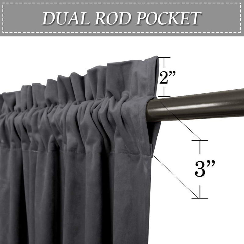 Dark grey luxurious velvet curtain featuring a dual rod pocket with 2" ruffle and 3" main pocket for versatile hanging.