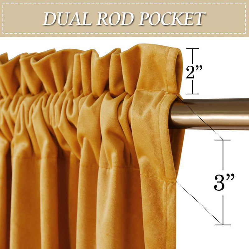 Gold velvet curtain detail, showcasing the versatile dual rod pocket design with 2" and 3" pockets for living room & bedroom.
