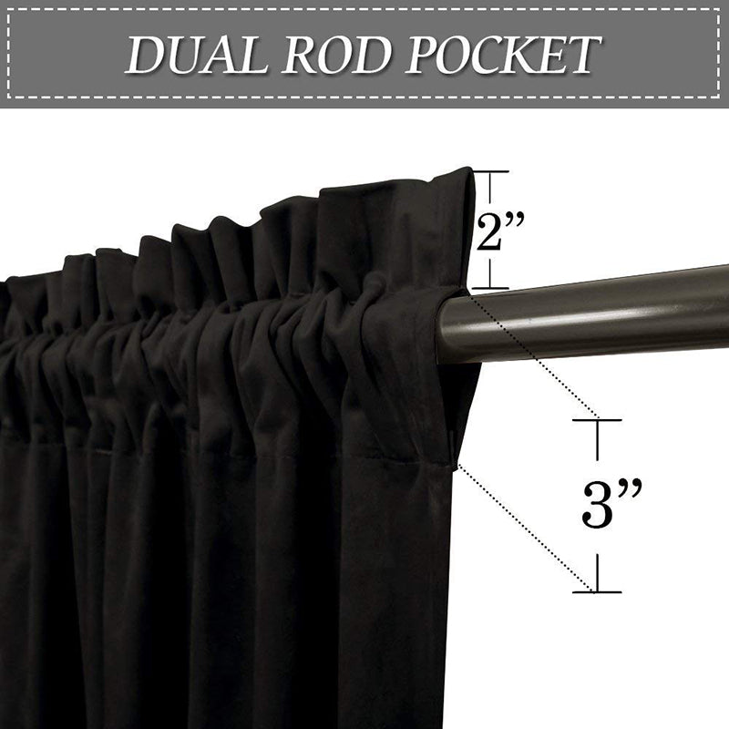 Close-up of black velvet curtain's dual rod pocket heading style, highlighting 2" and 3" rod pocket options for versatile hanging.