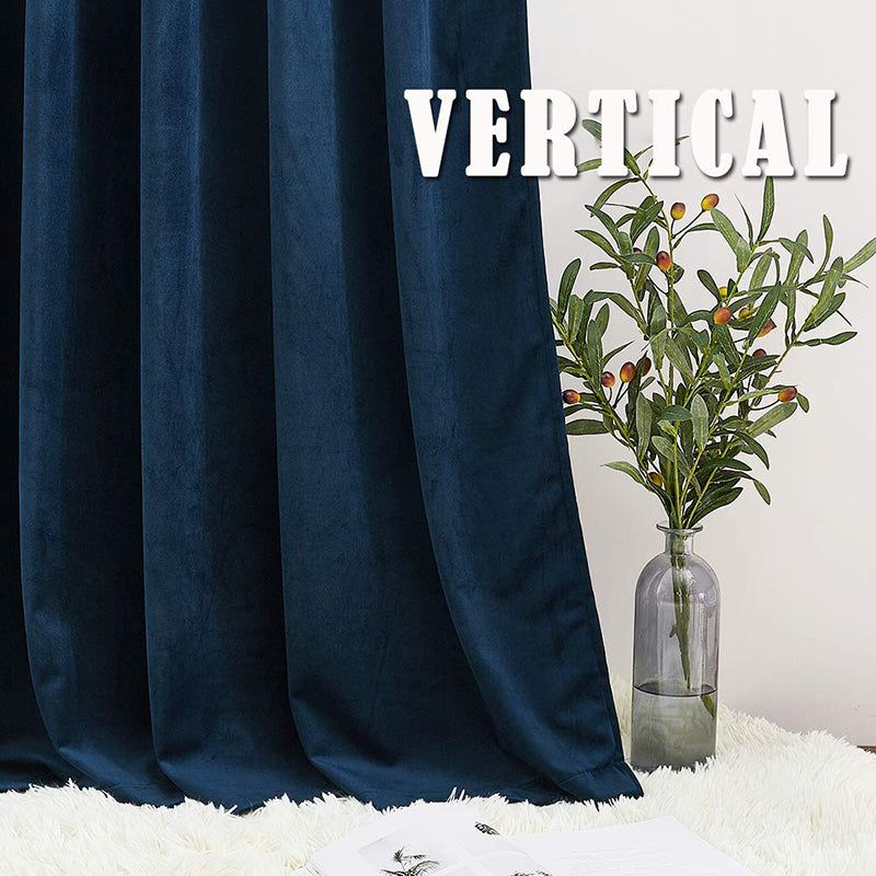 Luxurious navy blue velvet blackout curtains with rich plush texture and elegant vertical folds, ideal for bedrooms or living rooms.