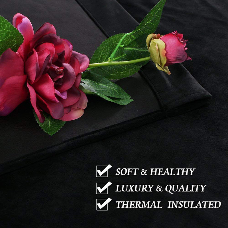 Black velvet rod pocket blackout curtain fabric with decorative red roses, highlighting soft, healthy, luxury, quality, and thermal insulation.
