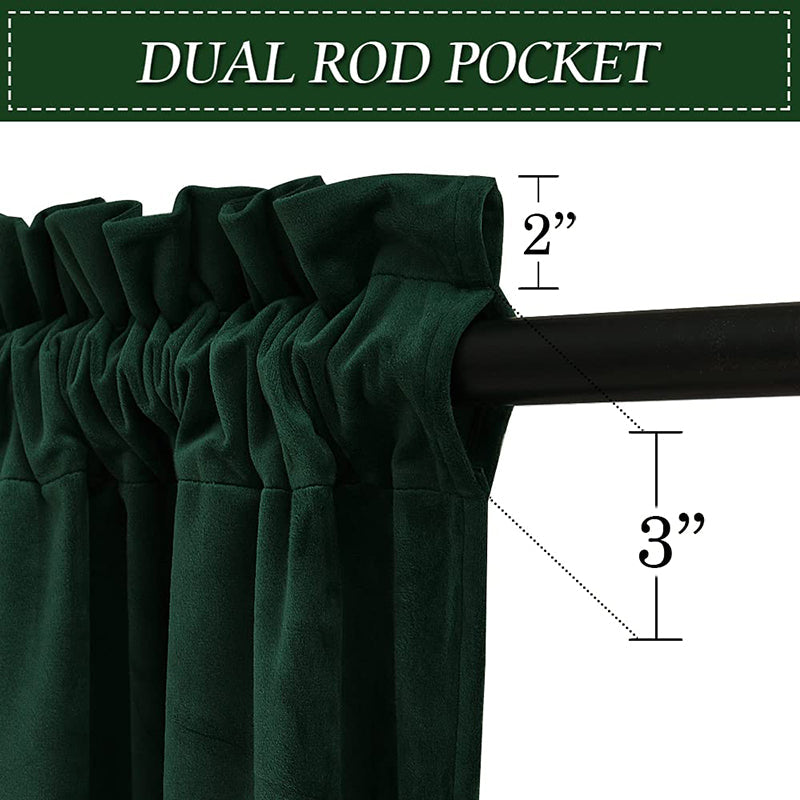 Close-up of luxurious dark green velvet dual rod pocket curtain header on a rod, showing 2" ruffle and 3" pocket dimensions.
