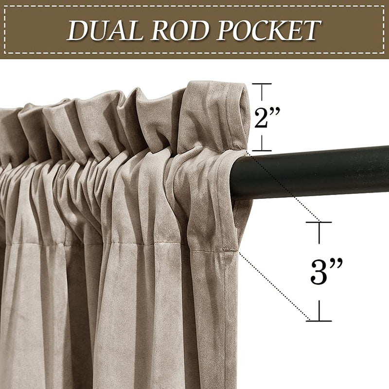 Beige velvet curtain with dual rod pocket heading, displaying 2-inch and 3-inch pocket sizes for versatile hanging on a curtain rod.