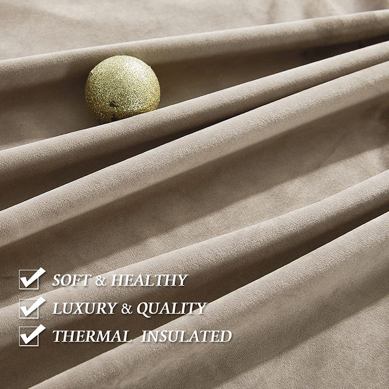 Draped light brown velvet curtain fabric showcasing soft texture, luxury, thermal insulation, and noise reduction features.