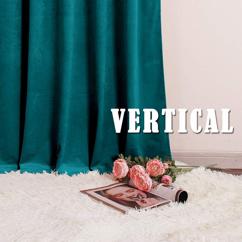 Luxurious teal velvet curtain panel, showcasing rich color and soft fabric texture, alongside a white fluffy rug.