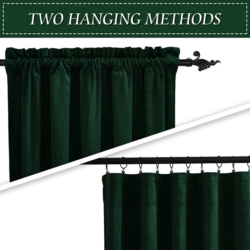 Dark green velvet blackout curtains showing two hanging methods: rod pocket and with clip rings for bedroom and living room.