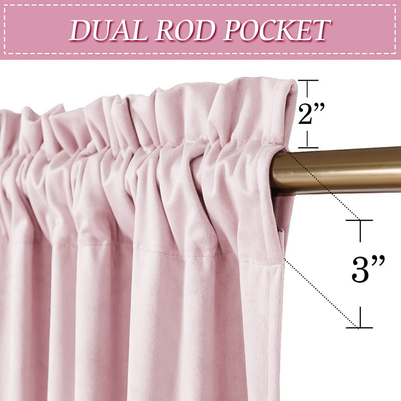 Close-up of pink velvet curtain with dual rod pocket, showcasing 2-inch and 3-inch pocket options on a gold rod.