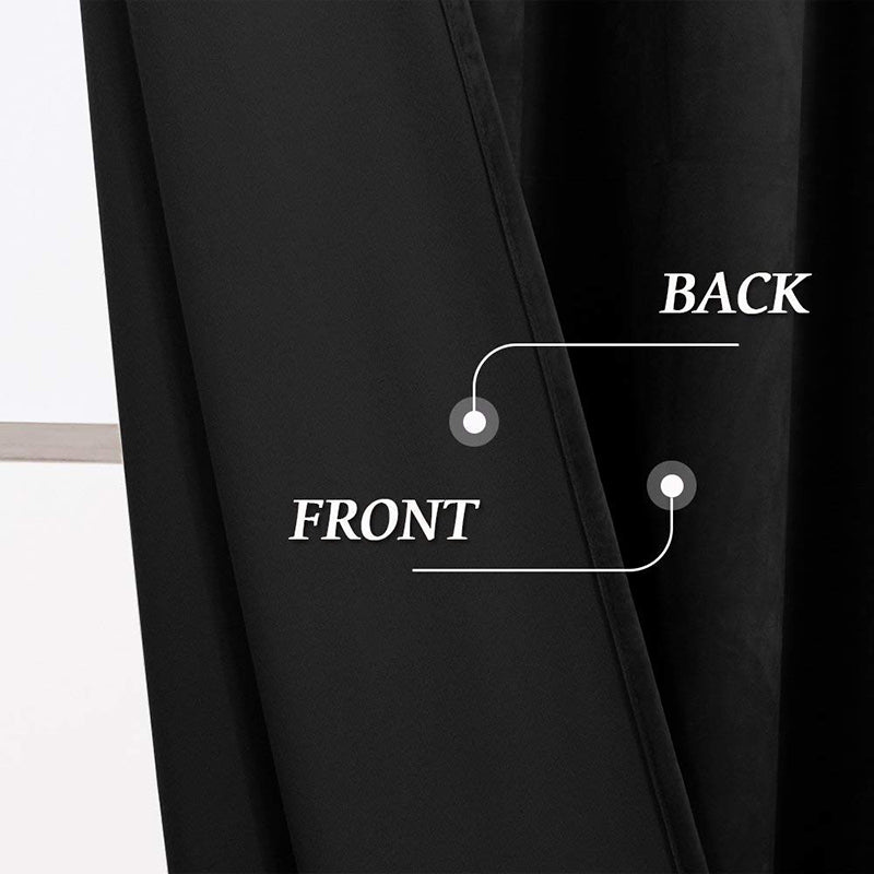 Close-up of black velvet rod pocket blackout curtains, showing dense fabric front and back for noise reduction.