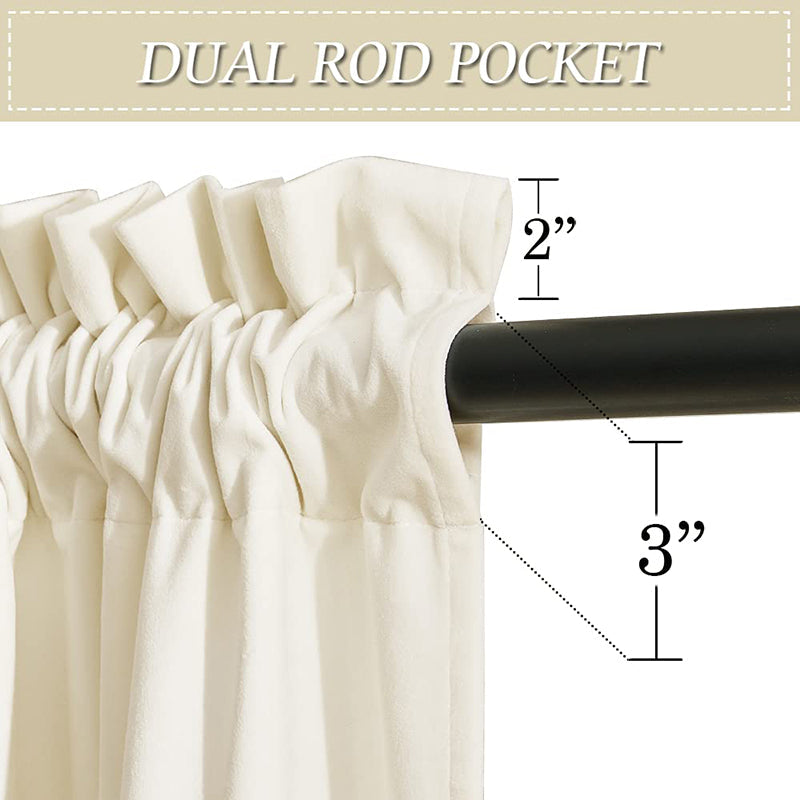 Off-white luxury velvet curtain with dual rod pocket header, featuring a 2" ruffle and 3" pocket for versatile hanging.