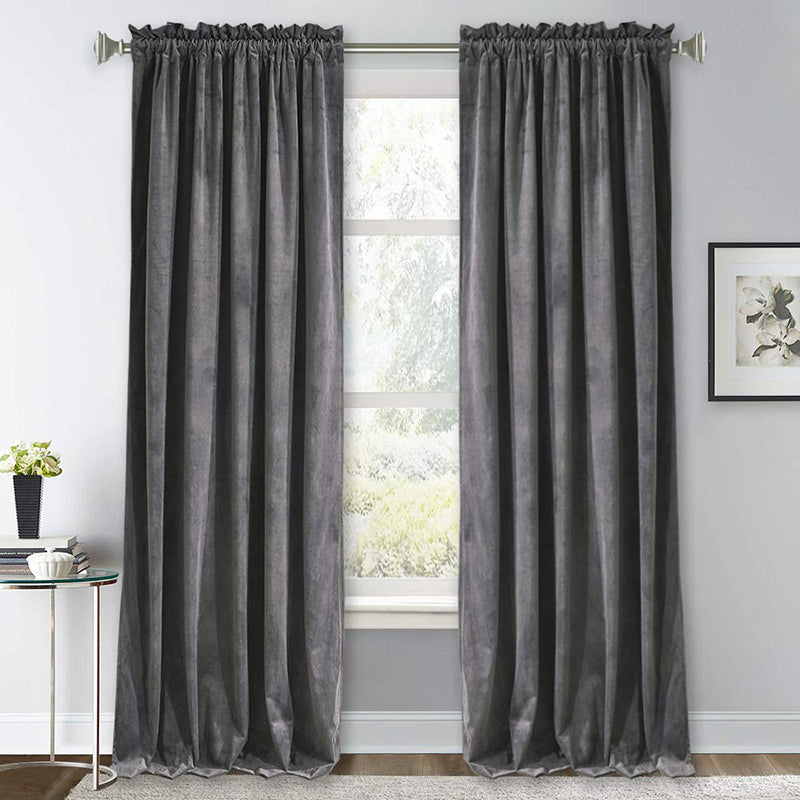 Two dark grey velvet rod pocket curtains for living room or bedroom, offering luxury, blackout, and noise reduction.