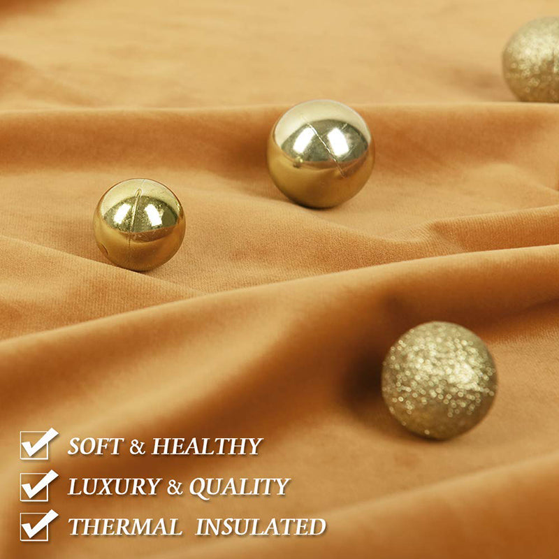 Rich tan velvet curtain fabric with golden spheres, highlighting SOFT & HEALTHY, LUXURY & QUALITY, THERMAL INSULATED features.