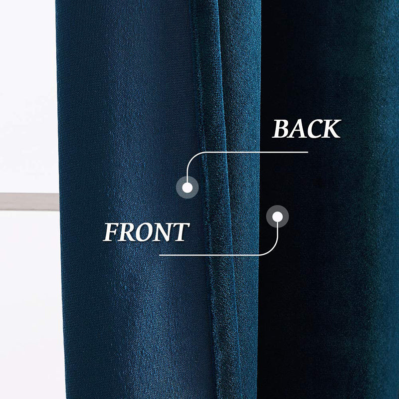 Close-up of luxurious dark teal velvet blackout curtain, highlighting the texture difference between the vibrant front and darker, noise-reducing back.