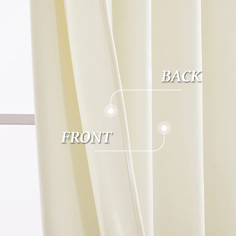 Close-up of cream velvet blackout curtain's thick, layered fabric (front & back) demonstrating noise reducing luxury for bedrooms & living rooms.