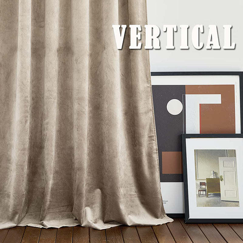 Luxurious beige velvet rod pocket blackout curtain panel drapes on a wooden floor, highlighting its rich texture for living room/bedroom.