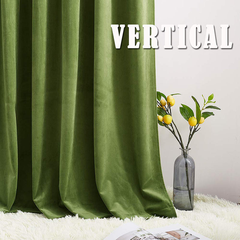Plush green velvet rod pocket blackout curtains with deep, soft folds for luxury noise-reducing living room & bedroom decor.