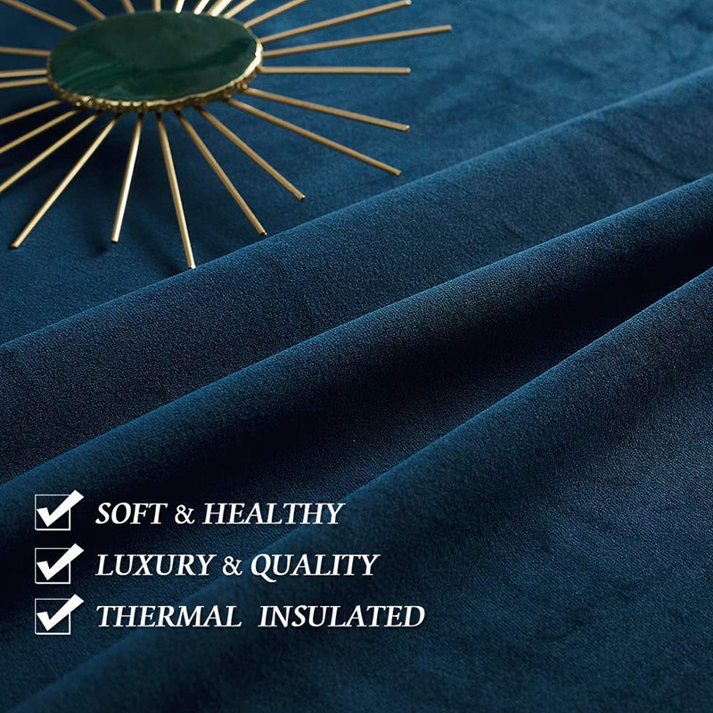 Luxurious deep teal velvet curtain fabric texture with elegant folds. Highlighting 'SOFT & HEALTHY, LUXURY & QUALITY, THERMAL INSULATED' features.