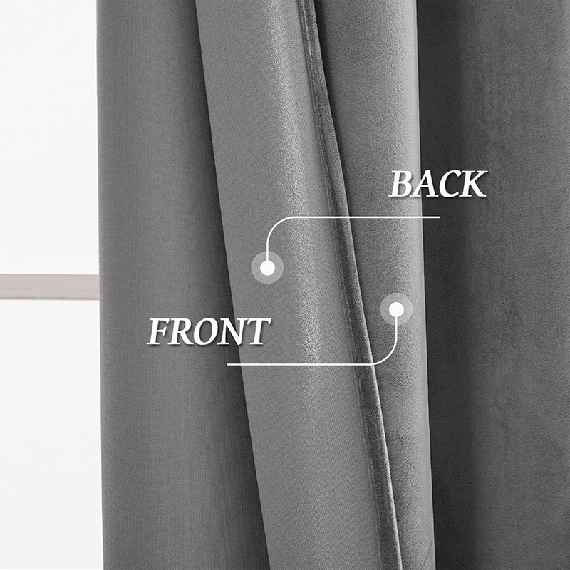 Close-up of luxurious gray rod pocket velvet blackout curtain, showing the thick, noise-reducing fabric from both front and back.